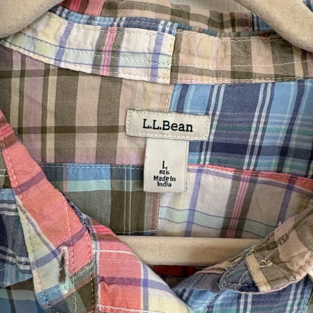 L.L. Bean Madras Plaid Button Down Shirt - Blue, Pink, Green - Picture 5 of 8